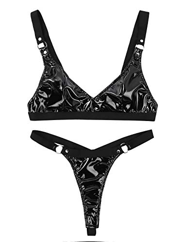 MSemis Bikini Push Up para Mujer Conjunto de Lencería Color Metálico Bikinis Brasileños Sexy Babydoll Traje de Baño Wetlook Traje Pole Dance Clubwear Negro Charol M