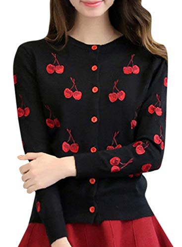 Mujer Abrigos Elegante Hipster Ropa Camisas Otoño Invierno Cereza Bordados Botón Cuello Redondo Manga Larga Jerseys Lana Señora Casual Tejer Arriba Top (Color : Negro, Size : M)