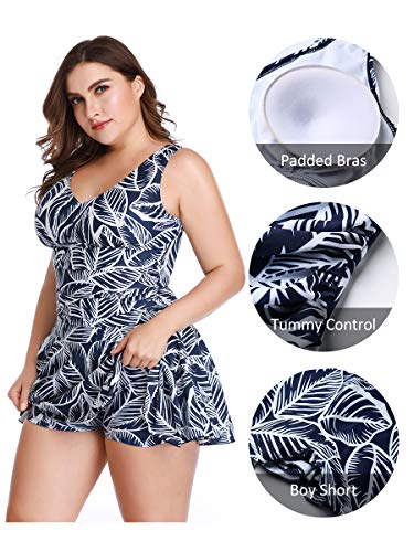 Mujer Bañador con Falda Traje de Baño de Una Pieza de Talla Grande Impresión Elegante Sexy Push Up Monokini Hoja de Azul Oscuro Medium 40-42 EU