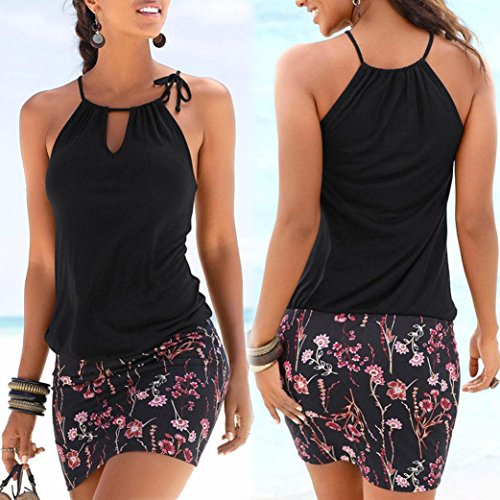 Mujer Blusa Verano,Sonnena Sexy Off Hombro Blusa con Tirantes Patrón de Nacional Estilo Estampado sin Manga Casual Moda Traje de Verano Fresco (S, Negro-4)