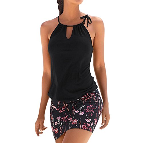 Mujer Blusa Verano,Sonnena Sexy Off Hombro Blusa con Tirantes Patrón de Nacional Estilo Estampado sin Manga Casual Moda Traje de Verano Fresco (S, Negro-4)