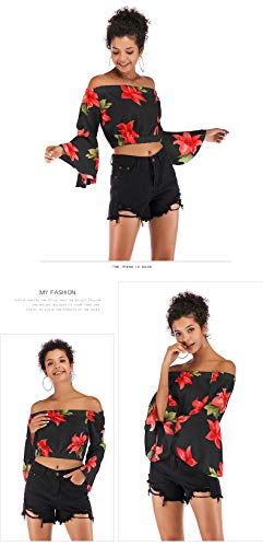 Mujer Camisetas Sin Shoulder Estilo Floreadas Simple Descubierta Espalda Top s Primavera Verano Hipster Barco Cuello Camicia Blusas Manga Larga Casual Chiffon (Color : Negro, Size : L)