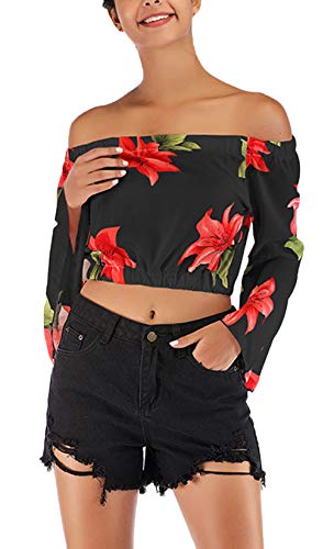 Mujer Camisetas Sin Shoulder Estilo Floreadas Simple Descubierta Espalda Top s Primavera Verano Hipster Barco Cuello Camicia Blusas Manga Larga Casual Chiffon (Color : Negro, Size : L)