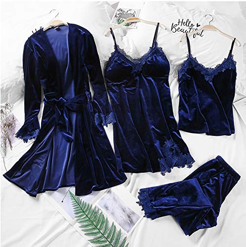 Mujer Camisones Conjunto de Pijama de Encaje Sexy Elegante Ropa de Interior Dormir Pijamas para Mujer Familias para Todas Las Estaciones Camisones (Azul Oscuro, L)