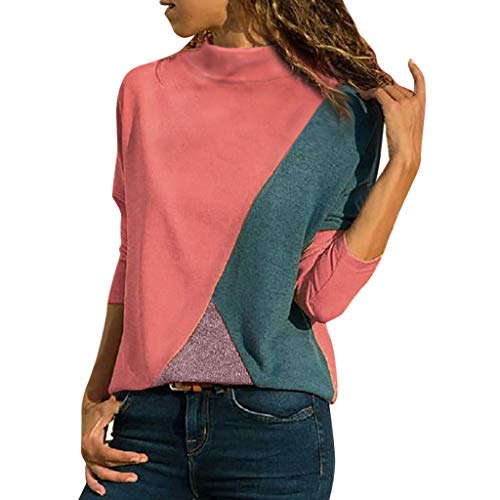 Mujer Polyester Ajustado Blusa Moda Patchwork Casual para Mujer Color Block O-Neck Manga Larga Camiseta Tops Otoño e Invierno Tallas Grandes riou