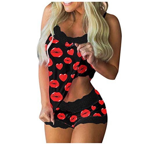 Mujer Traje Camisola de Encaje + Shorts,Pijamas con Estampado Amor y Labios de Gran Tamaño,Lencería Sexy Ropa Interior para Damas Pjs Conjuntos Mujer Verano Impresión en Color