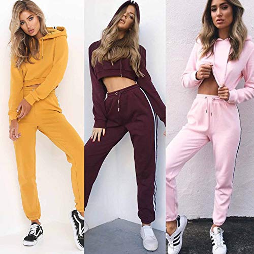 Mujer Traje Deportivo Sudadera Corta con Capucha + Pantalones Largos Chándal 2 Piezas Ropa de Gimnasio Fitness