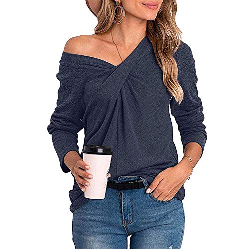 Mujeres Casual Cuello en V Nudo Cruzado pulóver Color sólido Suelta cómoda Camisa Blusa de Manga Larga (Azul, S)