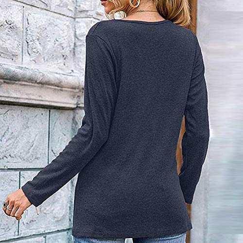 Mujeres Casual Cuello en V Nudo Cruzado pulóver Color sólido Suelta cómoda Camisa Blusa de Manga Larga (Azul, S)