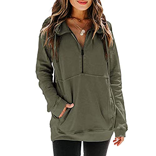 Mujeres Casual Solapa Cuello Alto Cremallera Sudadera Pullover Manga Larga Cordón Suéter Tops con Bolsillo (Verde, S)