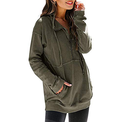 Mujeres Casual Solapa Cuello Alto Cremallera Sudadera Pullover Manga Larga Cordón Suéter Tops con Bolsillo (Verde, XL)