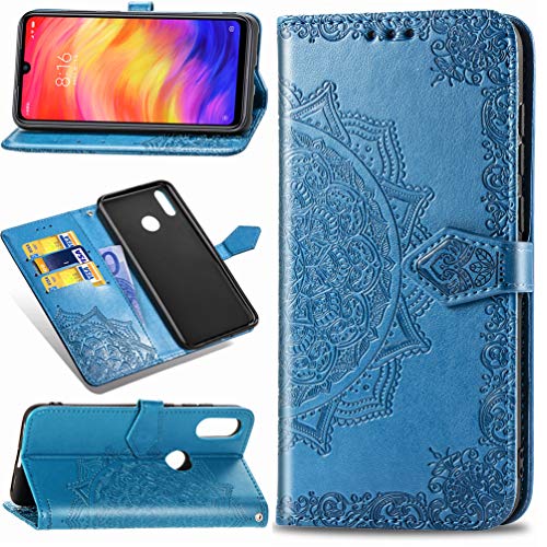 MUSESHOP Funda Xiaomi Redmi Note 7, Estuche de Cuero Estampado Mandala Libro de Cuero con Tapa y Cartera, Carcasa PU Leather con TPU Silicona Case Interna Suave - Azul