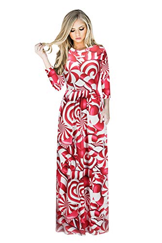 Navidad Vestido Largo Mujer Manga Tres Cuartos con Papa Noel Estampado Cuello Redondo Vintage Audrey Hepburn Caftan Otoño Invierno Navideño Christmas Maxi Dress para Fiesta Noche Disfraz Ropa