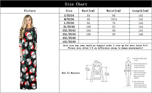 Navidad Vestido Largo Mujer Manga Tres Cuartos con Papa Noel Estampado Cuello Redondo Vintage Audrey Hepburn Caftan Otoño Invierno Navideño Christmas Maxi Dress para Fiesta Noche Disfraz Ropa