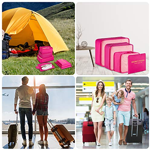 Newdora 7 en 1 Set de Organizador de Equipaje Viaje con Bolsa de Zapato,Impermeable Organizador de Maleta Bolsa para Ropa Sucia de Viaje, Portatrajes de Viaje, Material Nylon, Rosa