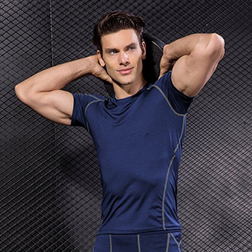 Niksa 2 Piezas Camisetas de Fitness Compresión Ropa Deportiva Manga Corta Hombre para Correr, Ejercicio,Gimnasio Negro Rojo+Azul Marino1053(S)