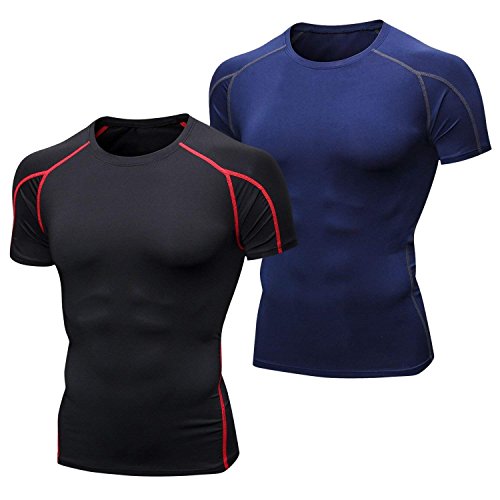 Niksa 2 Piezas Camisetas de Fitness Compresión Ropa Deportiva Manga Corta Hombre para Correr, Ejercicio,Gimnasio Negro Rojo+Azul Marino1053(S)