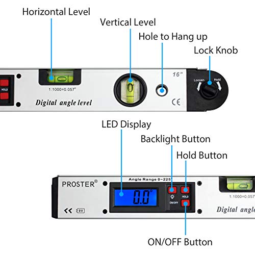 Nivel de Ángulo Digital 0-225 °Buscador de Ángulos con Indicador LCD de 400mm / 16 Pulgadas Herramienta de Medición de Ángulo Inclinómetro Digital para Vertical Horizontal Doble Nivel de Burbuja