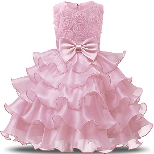 NNJXD Falda de Chicas con Volante de Encaje Vestidos de Boda y Fiesta Talla (110) 3-4 Años Flor Rosa