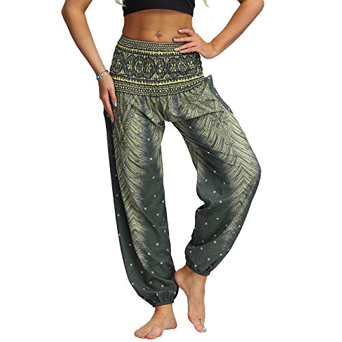 Nuofengkudu Mujer Hippies Pantalones Harem Tailandeses Boho Estampados Bolsillos Cintura Alta Baggy Yoga Pants Verano Playa Fiesta (Verde B,Talla única)