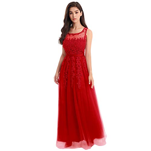 OBEEII Vestido de Fiesta Mujer Sin Mangas con Apliques Encaje Vestido Largo de Verano Elegante Ropa de Dama para Noche Ceremonia Boda Novia Gala Prom Rojo EU 56