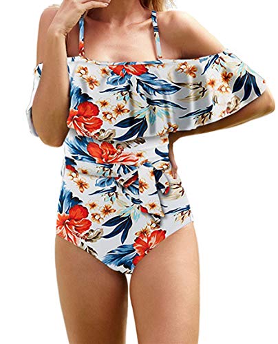 Ocean Plus Mujer Bañador Traje de Baño de Una Pieza con Tiras y Volantes Fuera del Hombro Arco Ropa de Playa (EU 36-38 (M), Flores y Hojas)