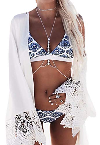 Ocean Plus Mujer Boho Triangle Bikini con Correa de Traje de Baño Bandeau Push Up Conjunto (L/36, A-Flores)