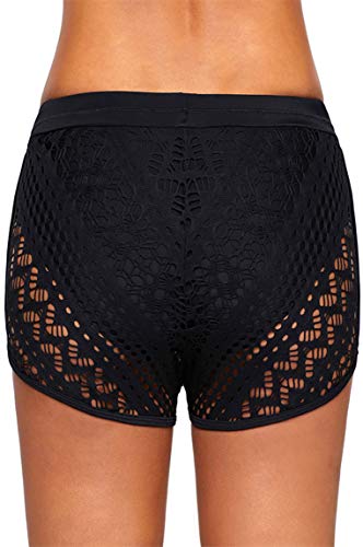 Ocean Plus Mujer Elegante Verano Croché Cordón Bañador Pantalones Cortos de Natación Enorme Fondo de Bikini Hotpants Boxer Shorts de Playa Talla Grande (XXL (EU 42-44), A-Negro)