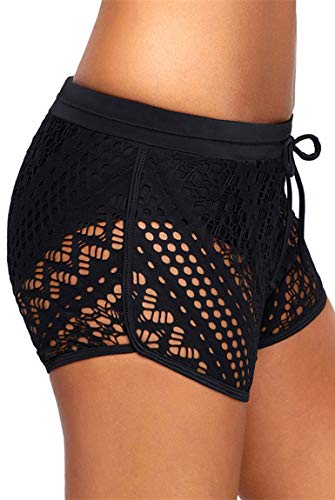 Ocean Plus Mujer Elegante Verano Croché Cordón Bañador Pantalones Cortos de Natación Enorme Fondo de Bikini Hotpants Boxer Shorts de Playa Talla Grande (4XL (EU 46-48), A-Negro)