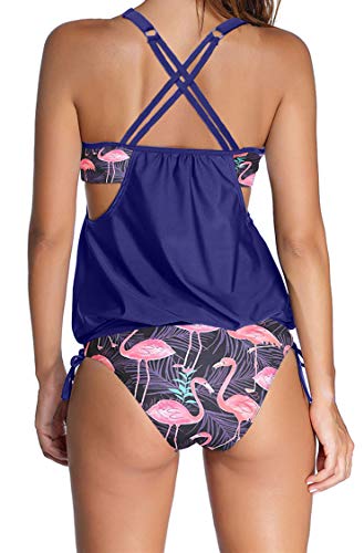 Ocean Plus Mujer Tankini de Malla Acolchada y Colorida con Calzoncillos Bikini Conjunto de Rayas Traje de Baño de Dos Piezas Ropa de Playa (S (EU 34-36), Flamenco)