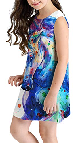 Ocean Plus Niña Verano Casual Vendimia Vestidos Sin Mangas Flamenco Patrón Lindo Impreso Rodilla Larga Gatito Tramo Partido Dress (L (Altura: 155-160 cm), Salpicaduras de Unicornio)