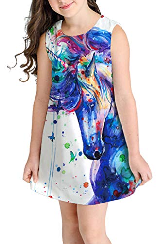 Ocean Plus Niña Verano Casual Vendimia Vestidos Sin Mangas Flamenco Patrón Lindo Impreso Rodilla Larga Gatito Tramo Partido Dress (L (Altura: 155-160 cm), Salpicaduras de Unicornio)