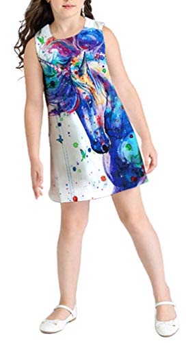 Ocean Plus Niña Verano Casual Vendimia Vestidos Sin Mangas Flamenco Patrón Lindo Impreso Rodilla Larga Gatito Tramo Partido Dress (L (Altura: 155-160 cm), Salpicaduras de Unicornio)