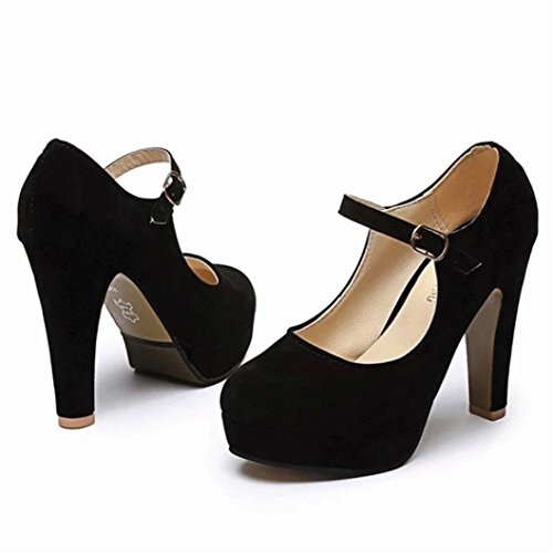 ¡Oferta de liquidación de Covermason! Zapatos de tacón cuadrado de moda para mujer Zapatos de tacón alto bajo flock(38 EU, Negro)