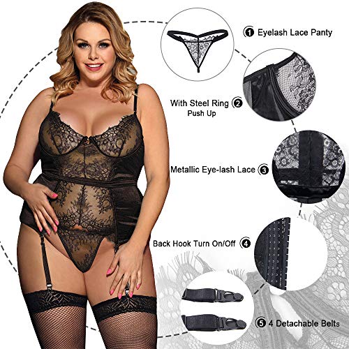 ohyeahlady Mujer Conjunto de Lencería Encaje Corpiño con Tanga y Liguero para Medias de Talla Grande Ropa Erótica Talla Grande (Negro, 3XL)