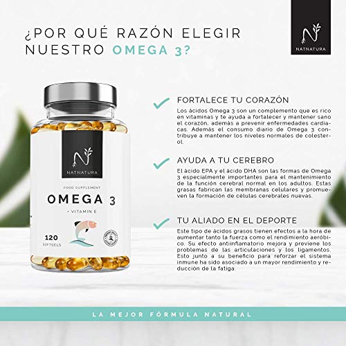 Omega 3+Vitamina E. Alta dosis de ácidos grasos Omega 3, 2000mg.Alta concentración de EPA–DHA.Efecto antiinflamatorio y antioxidante. Complemento alimenticio a base de aceite de pescado. 120 cápsulas.