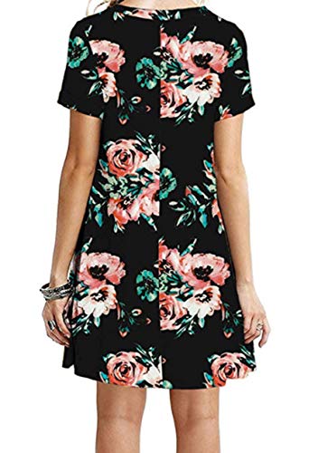 OMZIN Vestido básico sin Mangas con Manga Corta para Mujer Vestido básico con túnica Vestido Corto Fluido Camiseta Holgada Negro Flores Rojas L