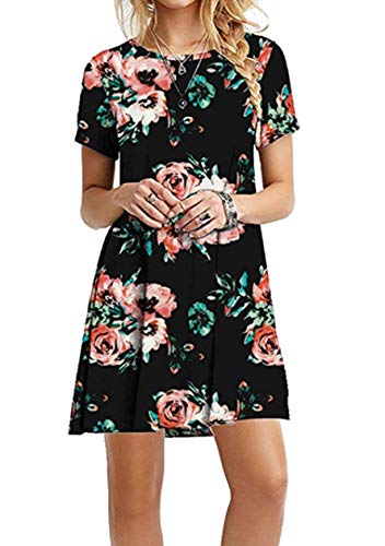 OMZIN Vestido básico sin Mangas con Manga Corta para Mujer Vestido básico con túnica Vestido Corto Fluido Camiseta Holgada Negro Flores Rojas L