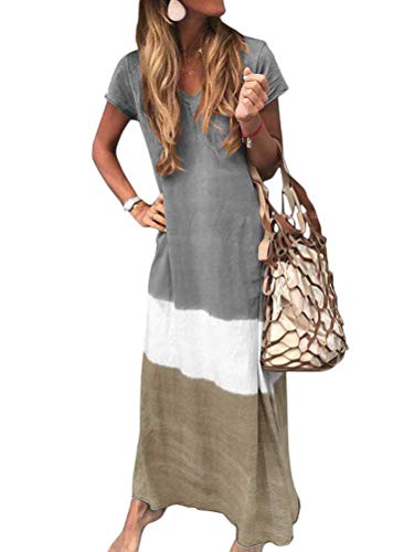 Onsoyours Mujeres Boho Vestido Verano Elegante Casual Playa Cuello V Manga Corta Largos Verano Suelto Maxi Vestido Playeros A Gris 40