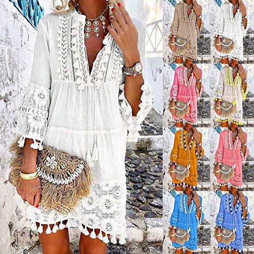 Onsoyours Vestido Casual Manga 3/4 De Encaje Boho Playa para Mujeres Verano Suelto Borla V Cuello SóLido Talla Grande Blusa A Blanco 6