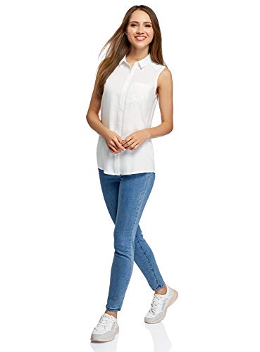 oodji Ultra Mujer Blusa de Viscosa con Cuello Camisero, Blanco, ES 44 / XL