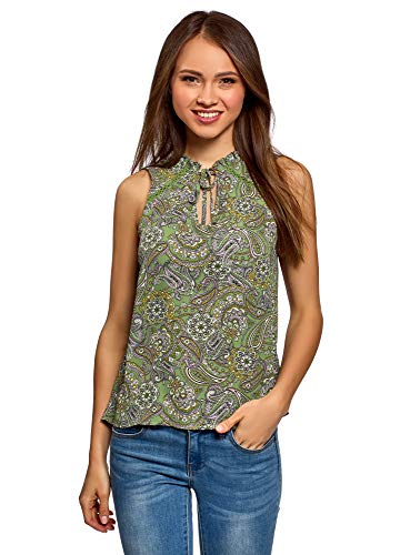 oodji Ultra Mujer Blusa Holgada sin Mangas, Verde, ES 36 / XS