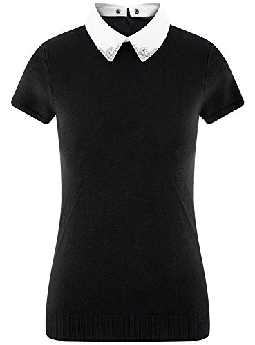 oodji Ultra Mujer Jersey de Manga Corta con Decoración en el Cuello, Negro, ES 36 / XS