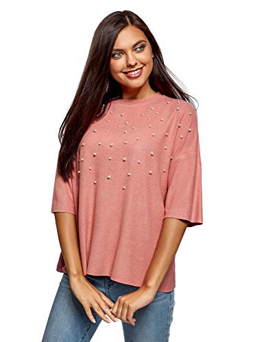 oodji Ultra Mujer Jersey Oversize con Perlas Artificiales y Borde Inferior y Mangas No Elaborados, Rosa, ES 40 / M