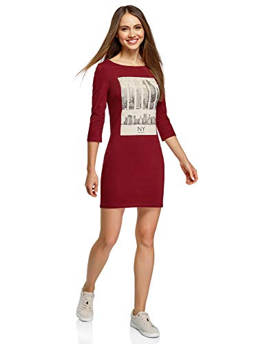 oodji Ultra Mujer Vestido de Punto con Estampado, Rojo, ES 36 / XS