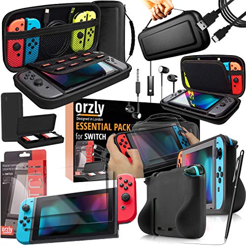 Orzly Pack Esencial de Accesorios para Nintendo Switch [Incluye: Protectores de Pantalla, Cable USB, Funda para Consola, Estuche Tarjetas de Juego, Funda Comfort Grip, Auriculares] – Negro