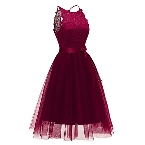 OverDose mujer De La Vendimia Princesa Bow CóCtel De Encaje Floral O-Cuello Fiesta Formal Una LíNea Swing Dress Novia Vestidos De Dama De Honor