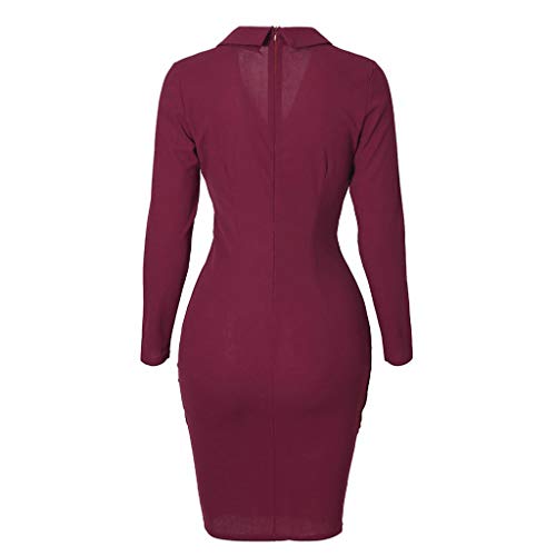 OverDose mujer De Manga Larga con Cuello En V Botones Invierno OtoñO Moda Sexy Delgado Nuevo Casual Bodycon CóCtel Mini Vestido (M, R- Rojo Vino)