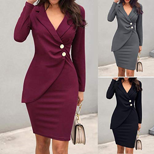 OverDose mujer De Manga Larga con Cuello En V Botones Invierno OtoñO Moda Sexy Delgado Nuevo Casual Bodycon CóCtel Mini Vestido (Medium, A-Negro)