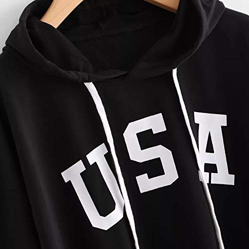 Overdose Sudadera con Capucha para Mujeres con Estampado De Letras Bandera Sudadera con Capucha con CordóN Estampado Sudadera con Mangas Largas Blusas Blancas Blusa Negra (L, Negro)